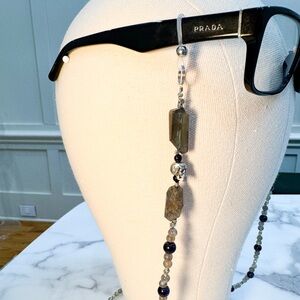 One of a kind, handmade Skull and green-flash Labradorite glasses chain.